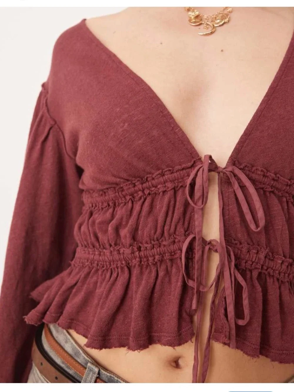 Free people NWT let’s go Tie-Front Peasant Top in Dusty Plum medium